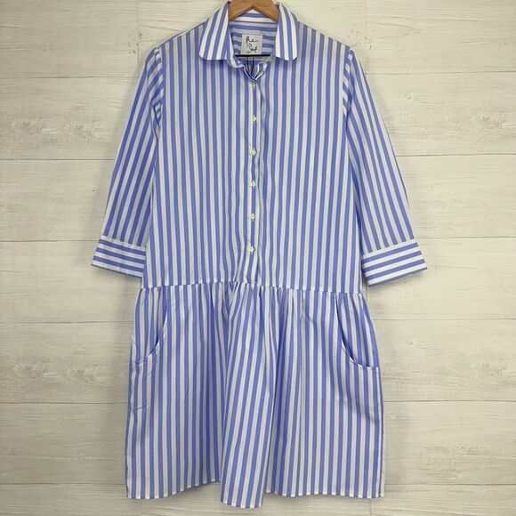Tuckernuck The Shirt by Rochelle Behrens L Drop Waist Shirt Dress Striped Blue - Picture 16 of 16